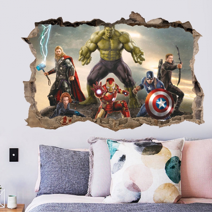 3d Three-dimensional Captain America Hulk Broken wall Enter Wall sticker Sticker