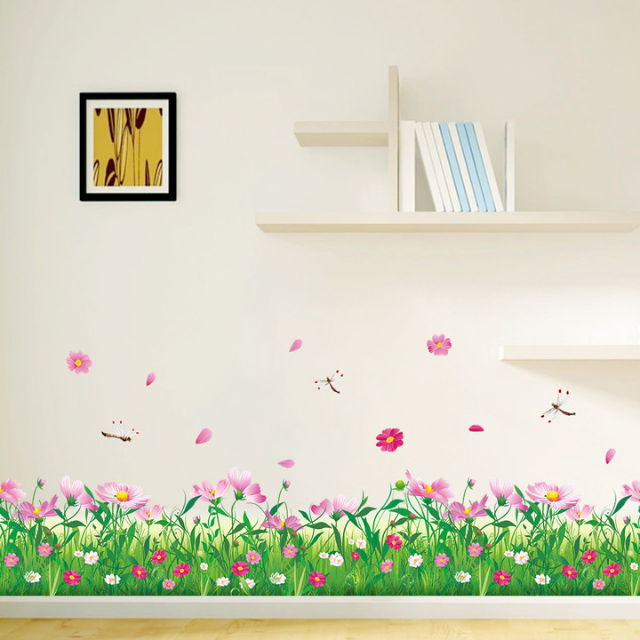 Creative Pink butterfly Flower kick Foot line bedroom living room glass Wall sticker