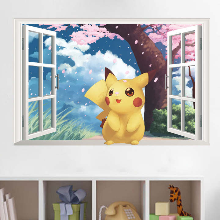 Pikachu Cherry blossoms 3D Wall Sticker Children's room Background wall decoration Sticker