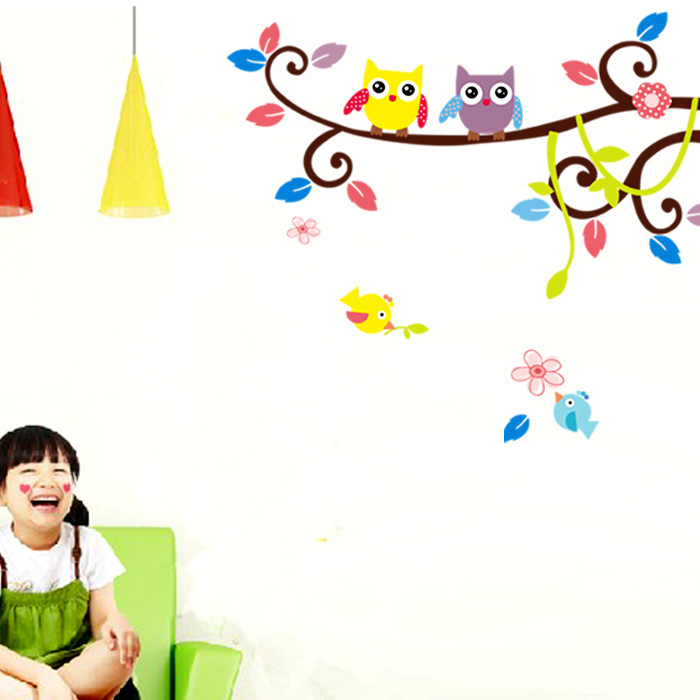Color Cartoon owl Children's room bedroom background Wall sticker