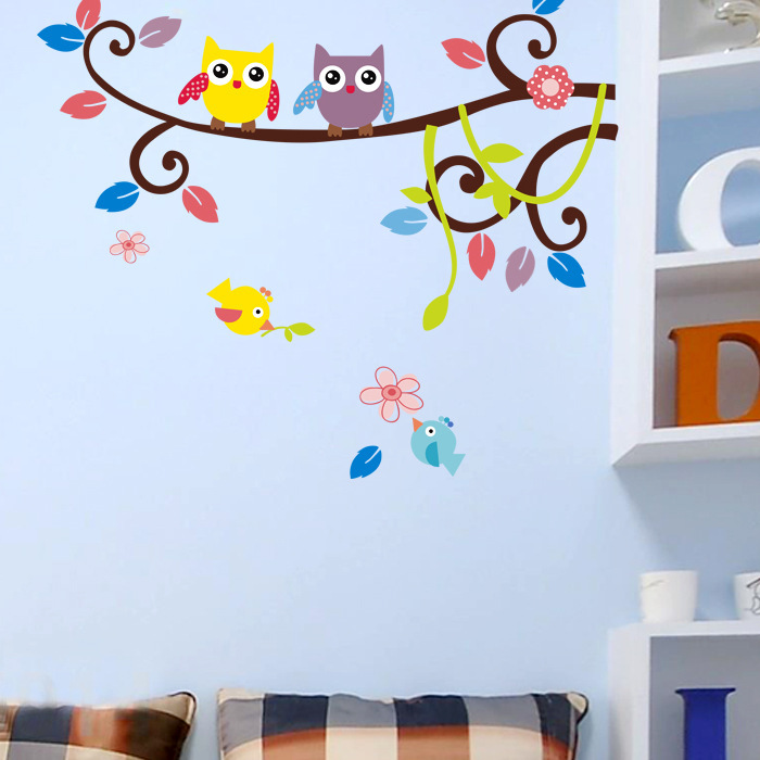 Color Cartoon owl Children's room bedroom background Wall sticker