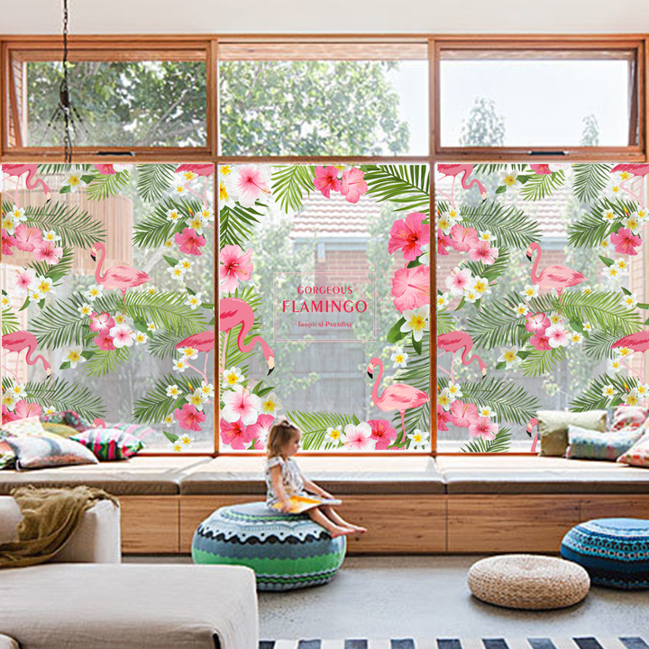 The New Flamingo horn Flower vine living room Window glass Sticker