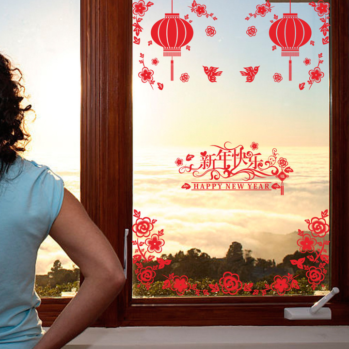 new Year lantern PVC Wall Sticker Cartoon bedroom glass window Sticker