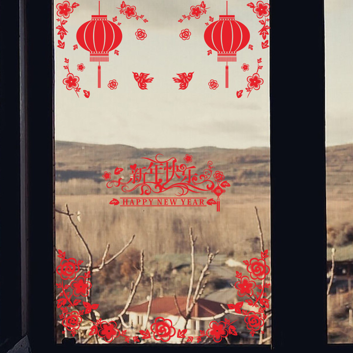 new Year lantern PVC Wall Sticker Cartoon bedroom glass window Sticker
