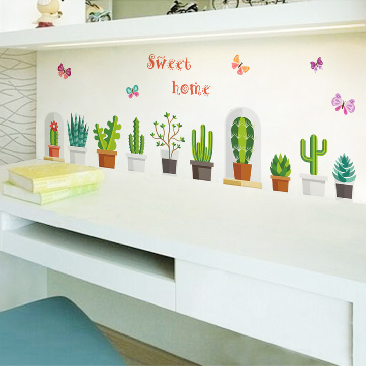 Cartoon plant Potted plant green Children's room background Wall Decorative stickers
