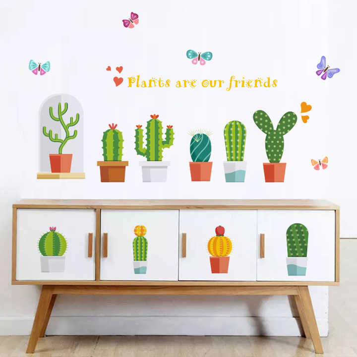 Cartoon plant Potted plant green Children's room background Wall Decorative stickers