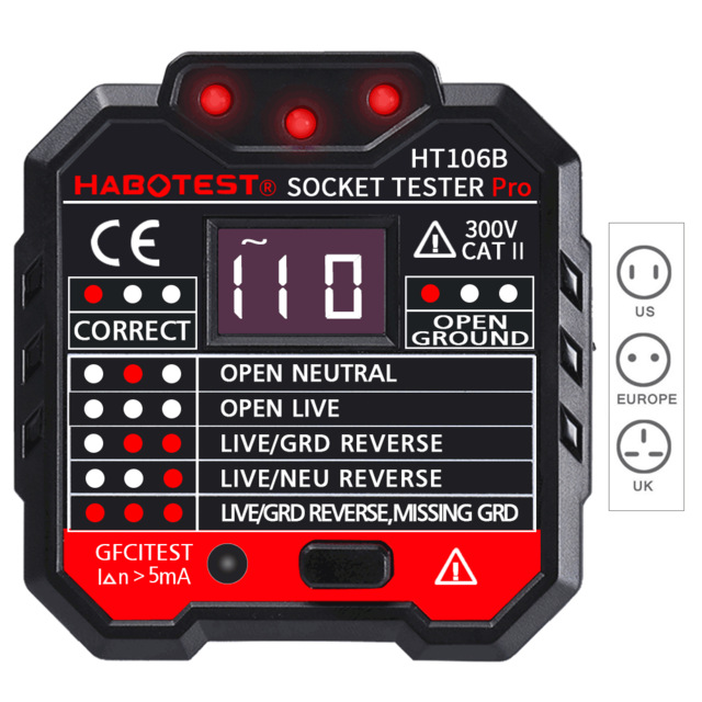 HT106 Socket Outlet Tester Circuit Polarity Voltage Detector Wall Plug Breaker Finder RCD Test