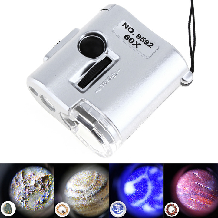 Mini 60X Pocket Microscope Jewelry Magnifier Loupe Glass LED UV Light 9592
