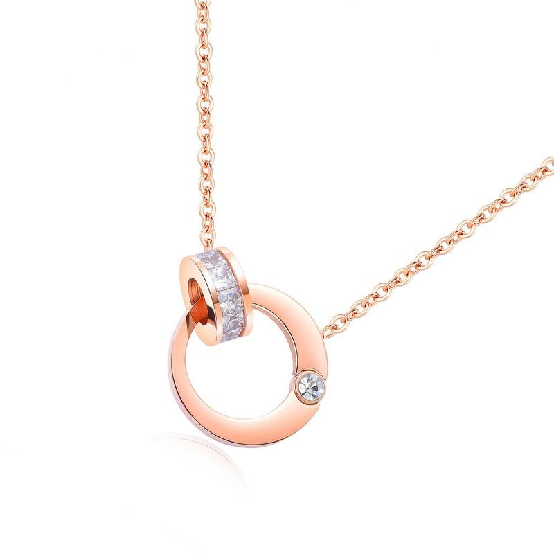 Ms Single drill Double ring Interlocking necklace Rose gold Titanium steel Clavicular chain