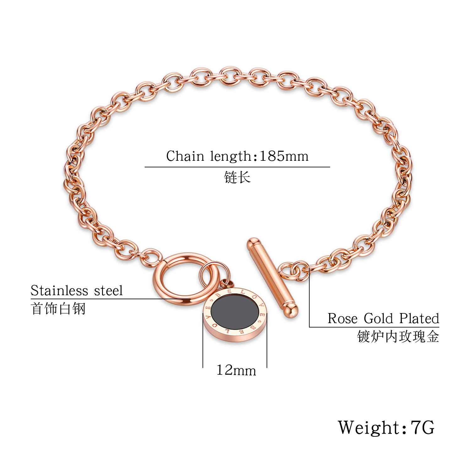 Ms personality Titanium steel jewelry Rose gold chain black Round card Ms Girlfriend bracelet