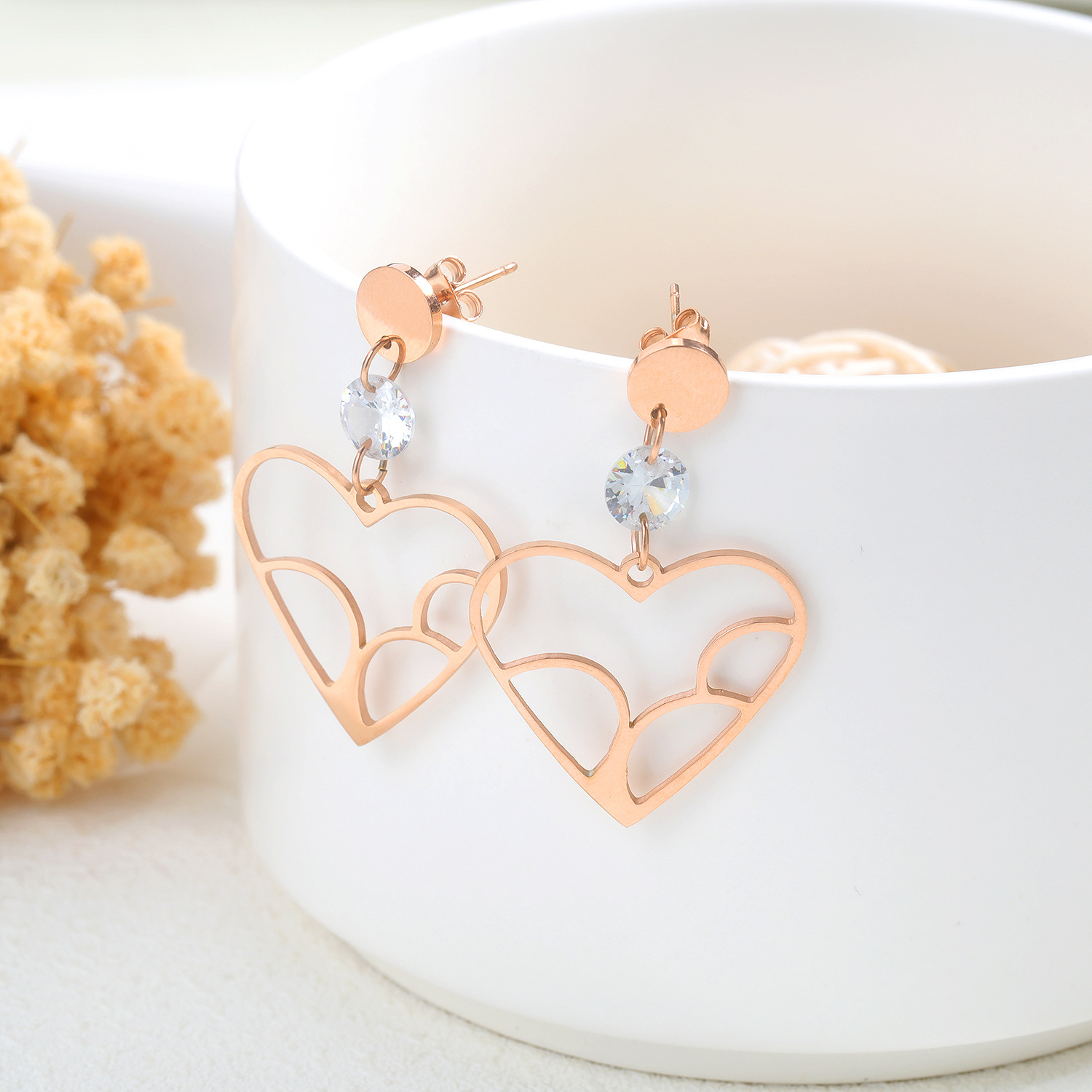 Ms Simple New product Titanium steel Rose gold Heart-shaped Zircon stainless steel Stud earring