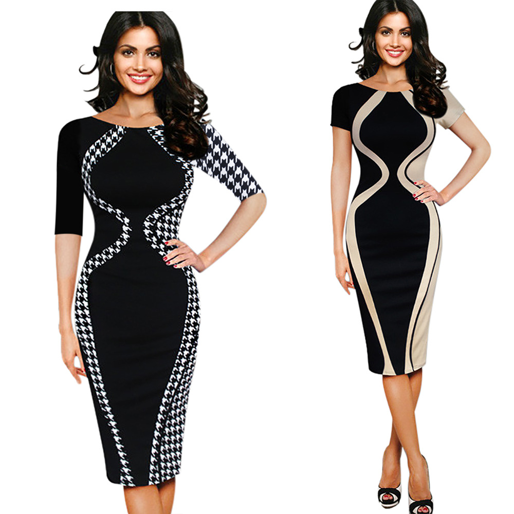 Women's Scoop Neck Optical Illusion Business Bodycon Dress