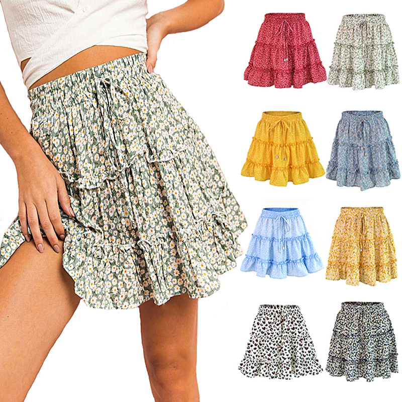 Women&apos;s Floral High Waist Ruffle Flared Boho A-Line Pleated Skater Mini Skirt