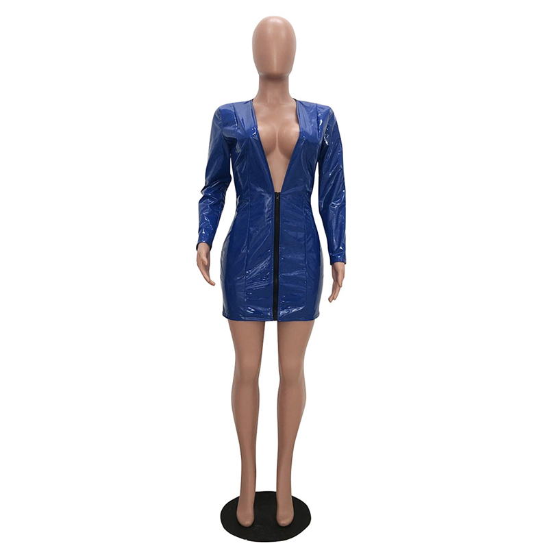 Women&apos;s Sexy V Neck long sleeve Leather Bodycon Pencil Party Dress