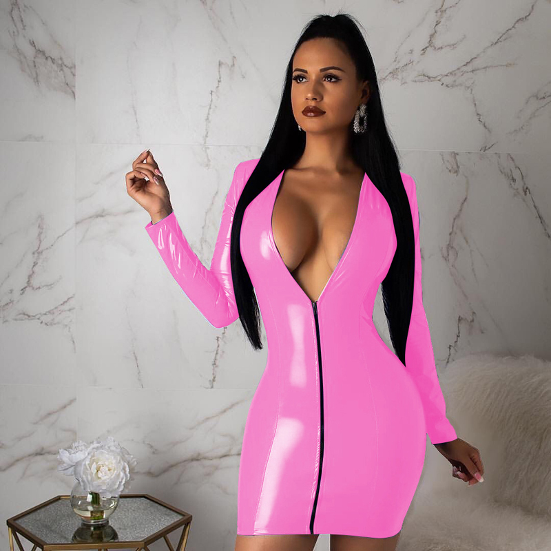 Women&apos;s Sexy V Neck long sleeve Leather Bodycon Pencil Party Dress