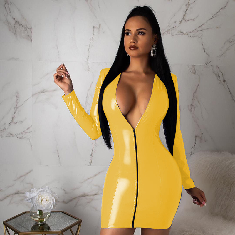 Women&apos;s Sexy V Neck long sleeve Leather Bodycon Pencil Party Dress