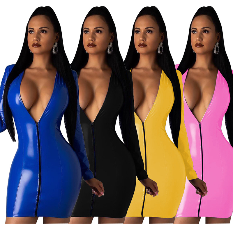 Women&apos;s Sexy V Neck long sleeve Leather Bodycon Pencil Party Dress