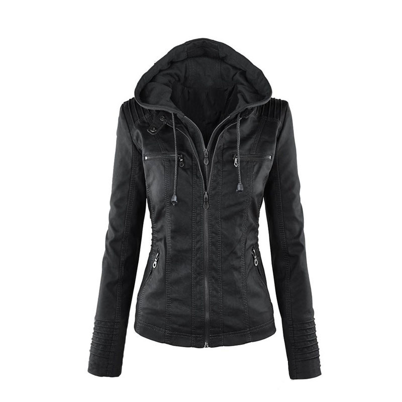 Women&apos;s Hooded Faux Leather Moto Biker Jacket