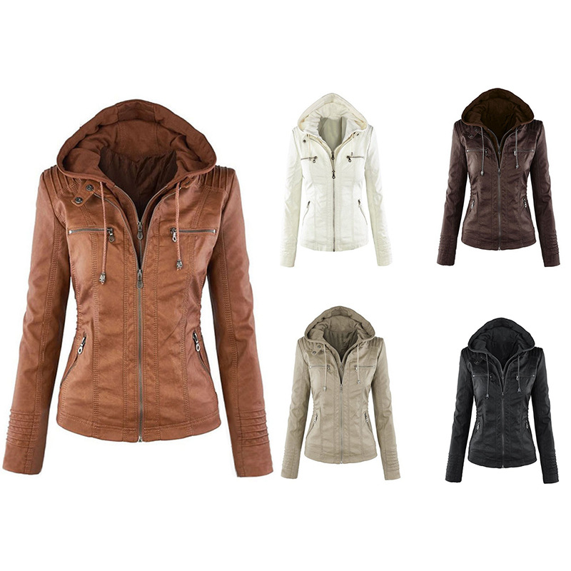Women&apos;s Hooded Faux Leather Moto Biker Jacket