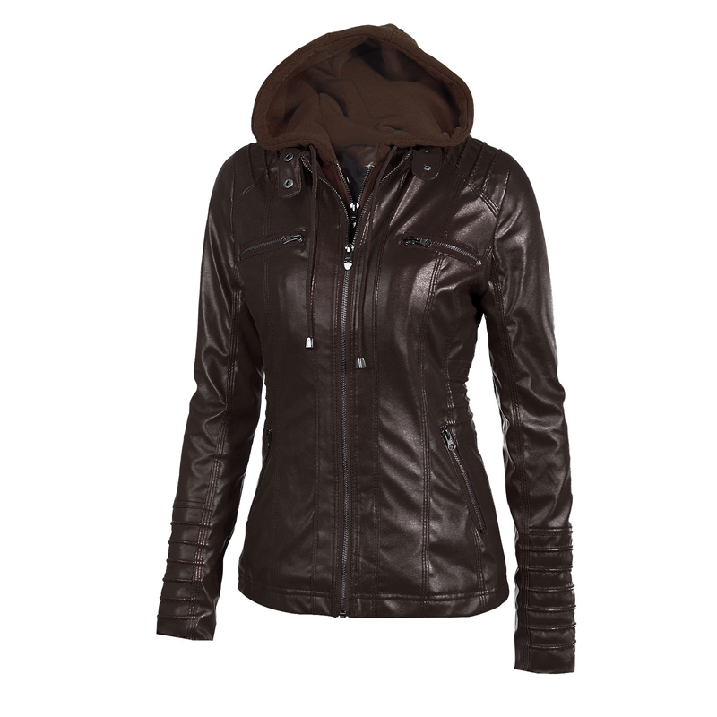Women&apos;s Hooded Faux Leather Moto Biker Jacket