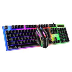 USB Wired Keyboard And Mouse Set Rainbow LED  Full-Size Keyboard Black as picture