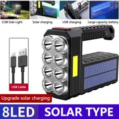 8LED Solar Strong Light Flashlight rechargeable Multifunctional Super Bright Portable Led Outdoor Searchlight Black 8LED