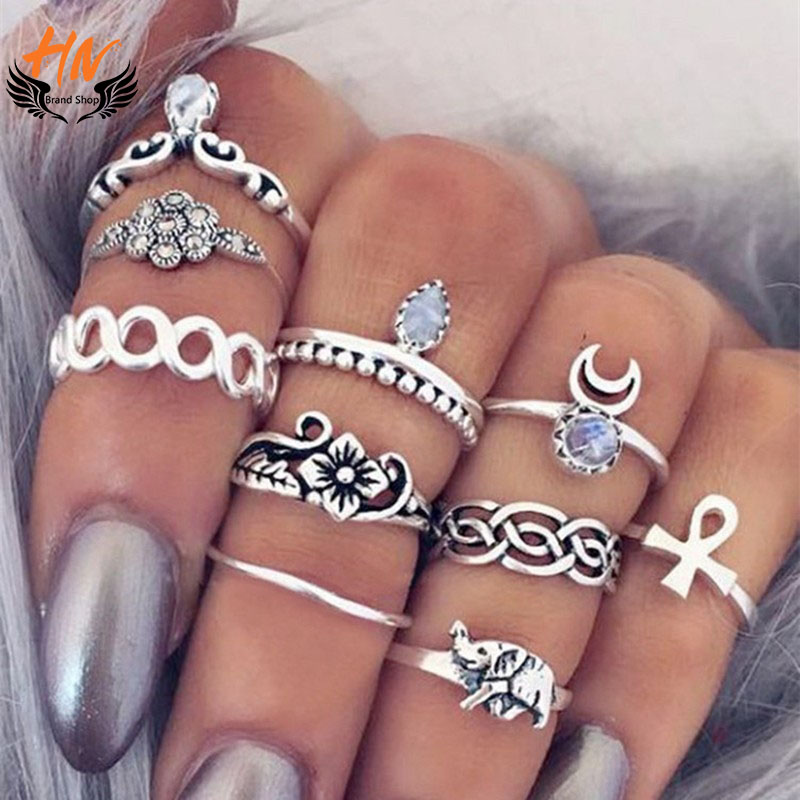 HN Brand 10 piece/Set New Beautiful Carved Flower gem crystal Rings Women Jewellery Valentines Gift