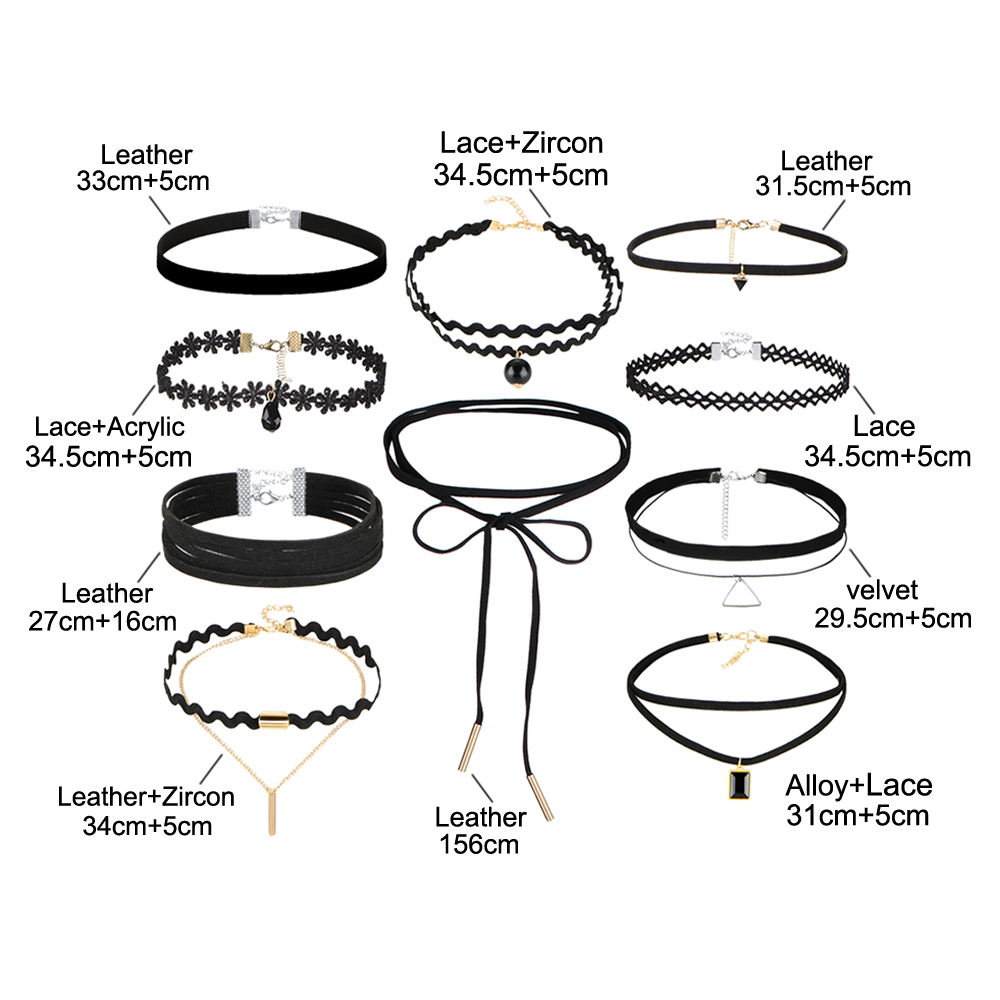 HN Brand 10piece New Gothic Tattoo Leather Choker Necklaces for Women Lace Jewellery Valentines Gift