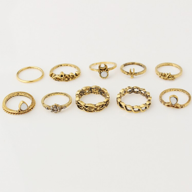HN Brand 10 piece/Set New Beautiful Carved Flower gem crystal Rings Women Jewellery Valentines Gift