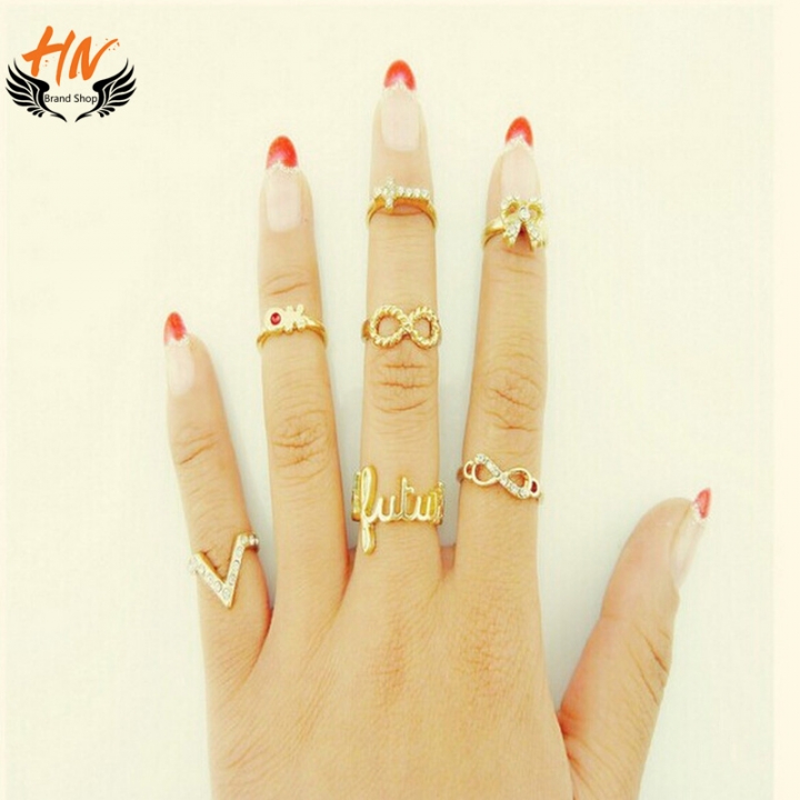 HN Brand 7 piece/Set New Diamond 8 words V characters butterfly cross metal Rings Women Jewellery