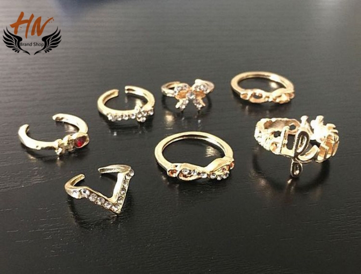 HN Brand 7 piece/Set New Diamond 8 words V characters butterfly cross metal Rings Women Jewellery