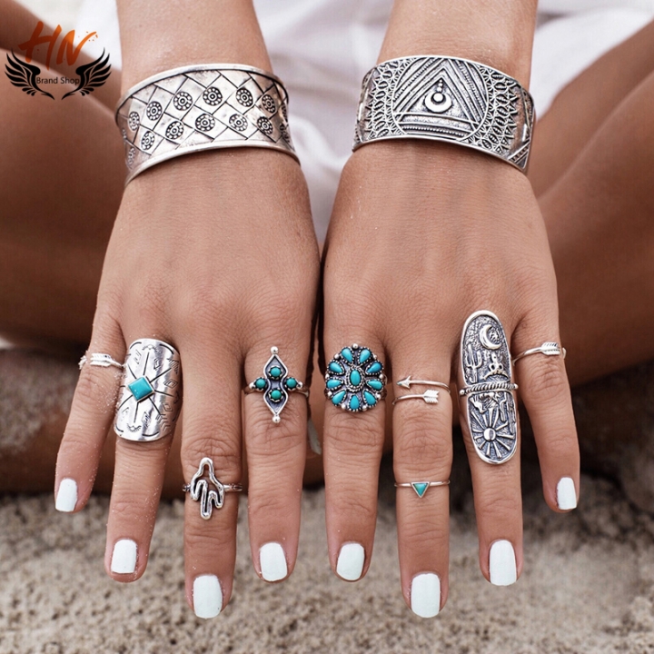HN Brand 9 piece/Set New Bohemia wide edition carved geometric Totem metal Rings Women Jewellery