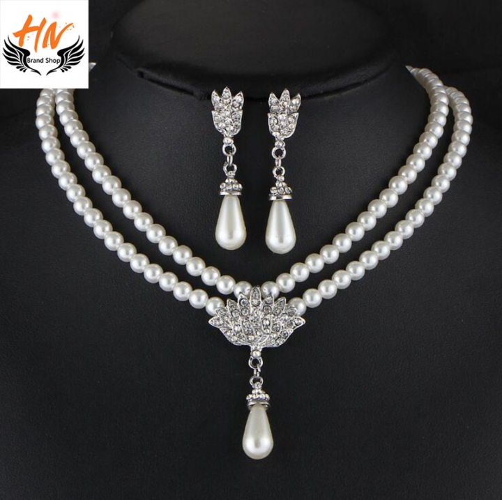 HN Brand 3 piece New Bridal Pearl crystal Drops Necklace pendant stud earring Women Jewellery Gift