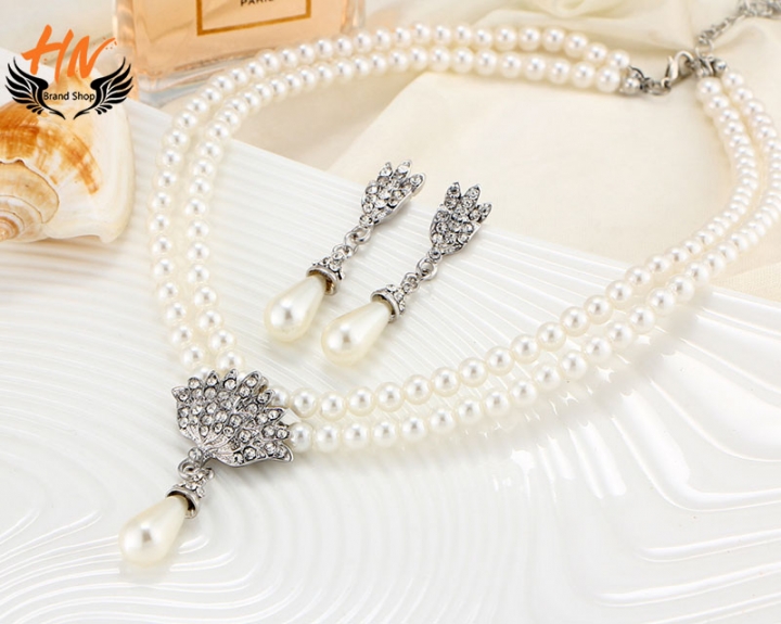 HN Brand 3 piece New Bridal Pearl crystal Drops Necklace pendant stud earring Women Jewellery Gift
