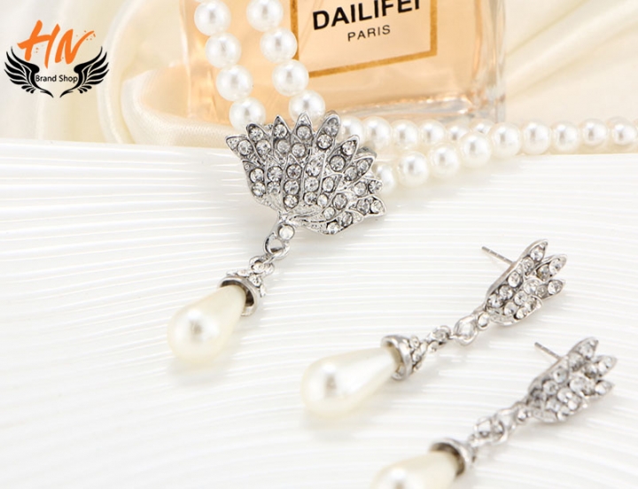 HN Brand 3 piece New Bridal Pearl crystal Drops Necklace pendant stud earring Women Jewellery Gift