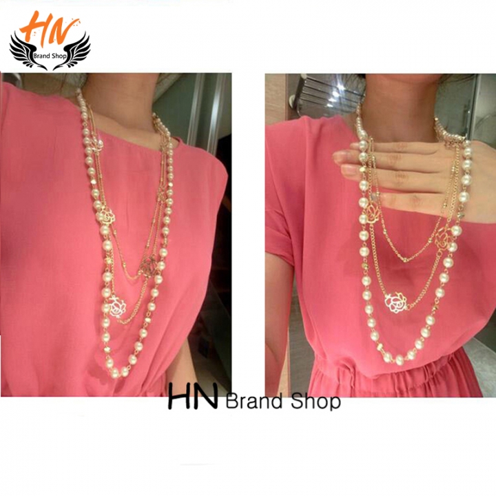 HN Brand 1Pcs/Set New Beautiful Metal Multi layer Pearl Rose sweater chain Long necklaces For Women