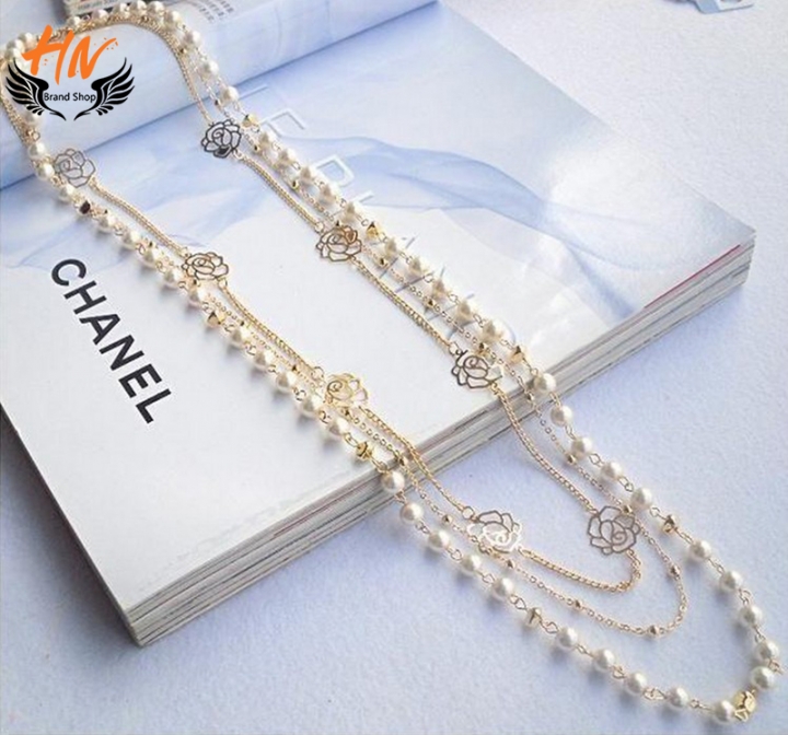 HN Brand 1Pcs/Set New Beautiful Metal Multi layer Pearl Rose sweater chain Long necklaces For Women