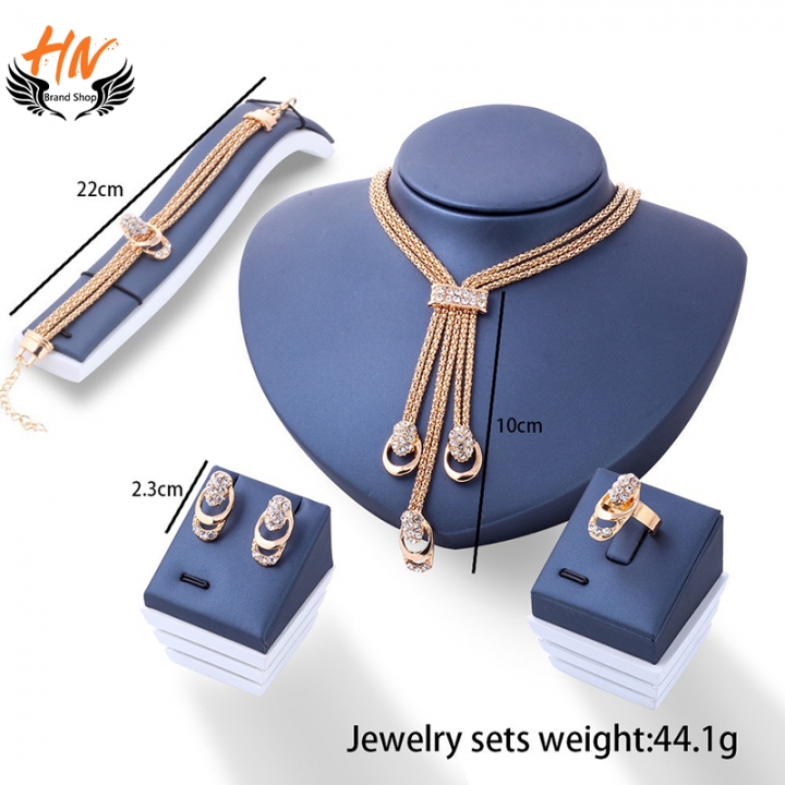 HN Brand 5Pcs/set  Crystal Necklace Earring Bracelet Ring Set Rhinestone Simple Party Dress Jewelry