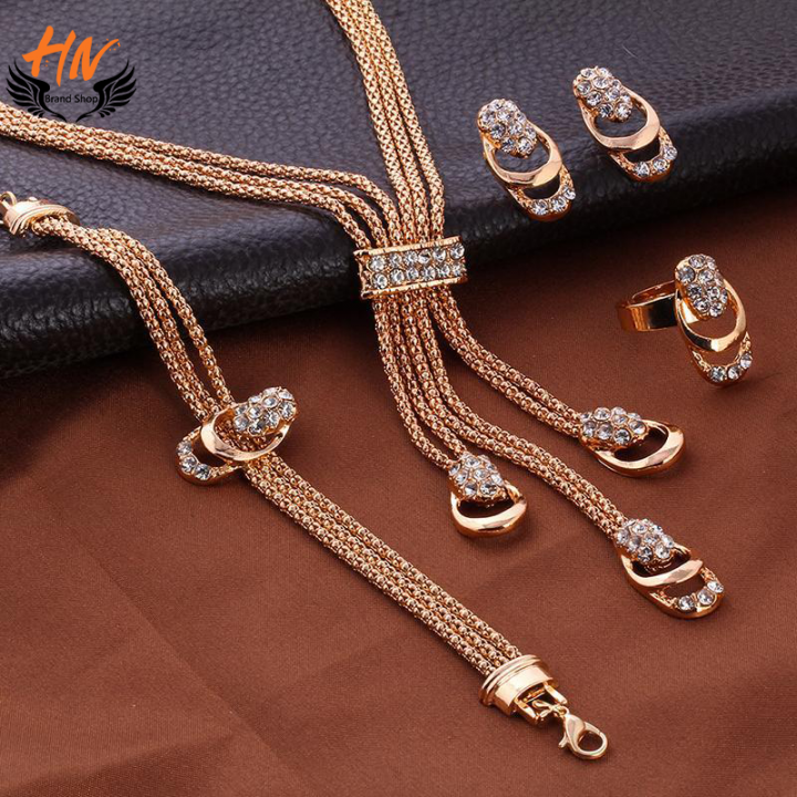 HN Brand 5Pcs/set  Crystal Necklace Earring Bracelet Ring Set Rhinestone Simple Party Dress Jewelry