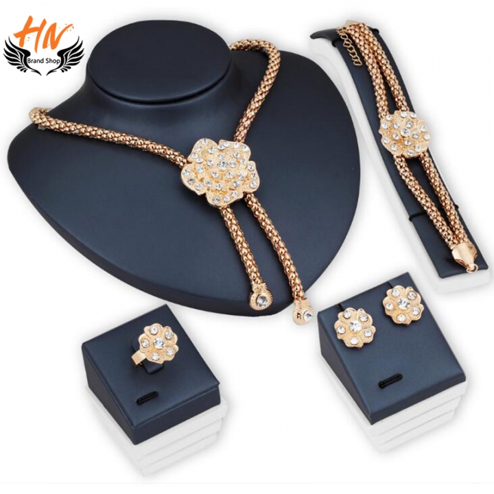 HN Brand 5 piece/Set New Diamond Flower Ring Necklace pendant stud earring Women Jewellery Gift