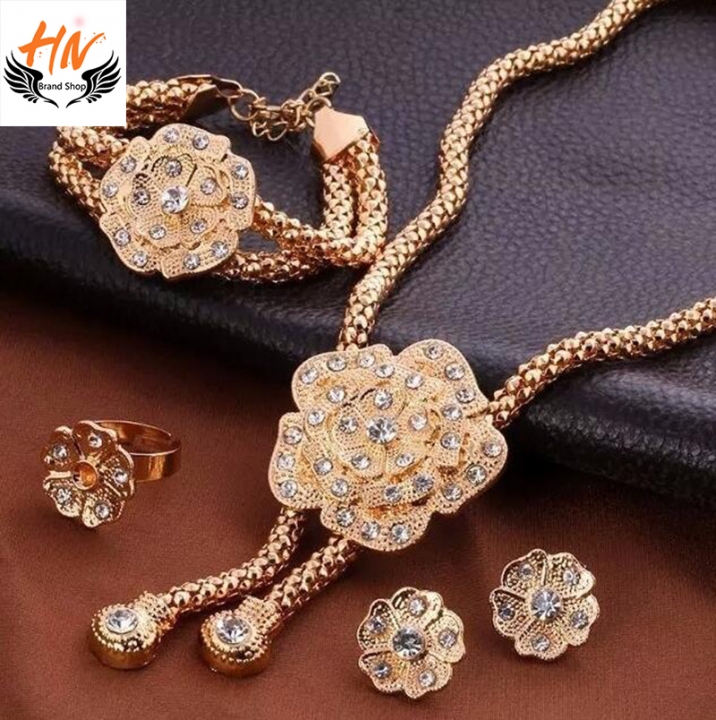 HN Brand 5 piece/Set New Diamond Flower Ring Necklace pendant stud earring Women Jewellery Gift