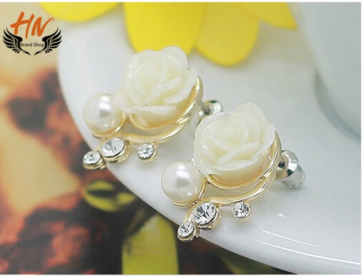 HN Jewellery Exaggerated Earrings New Style Korean Women Ol  Rose Imitation Pearl Crystal Earrings