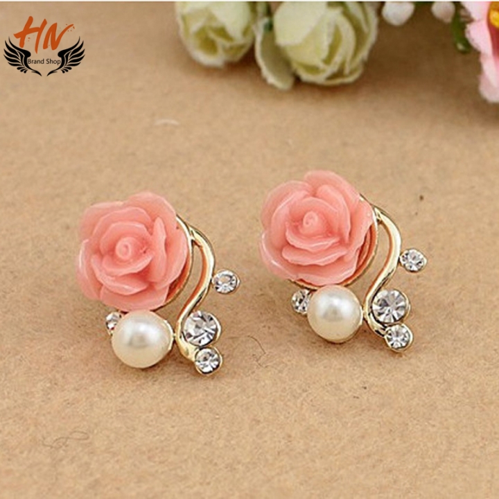 HN Jewellery Exaggerated Earrings New Style Korean Women Ol  Rose Imitation Pearl Crystal Earrings