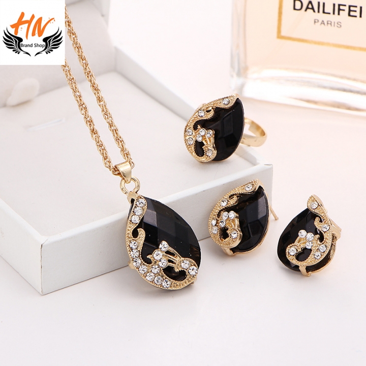 HN-3 piece/Set New Crystal drops Peacock Necklace pendant ring stud earring Women Jewellery Gift