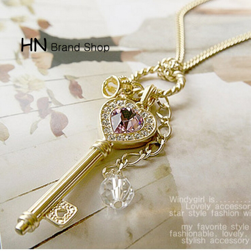HN Brand-1Pcs/Set New Beautiful Amethyst love heart gold crown key necklace for Christmas Women