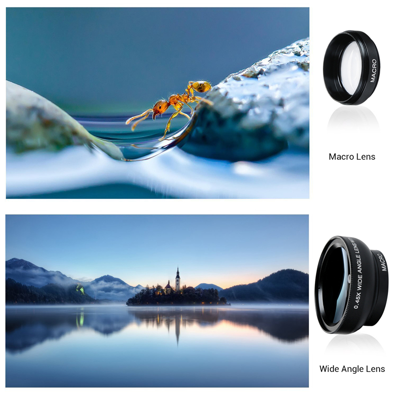 Professional HD Phone Camera Lens Kit 0.45X Wide Angle+12.5X Macro Clip-on Fish Eye for Smartphone