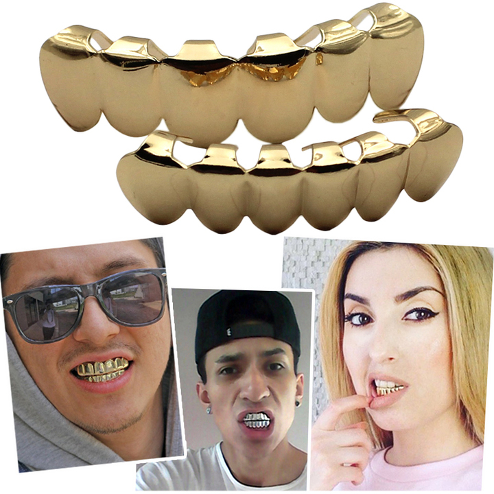 Hip Hop Gold Teeth Grillz Top &amp; Bottom Grills Dental Mouth Punk Teeth Caps Cosplay Party