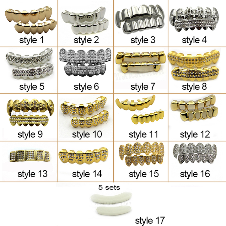 Hip Hop Gold Teeth Grillz Top &amp; Bottom Grills Dental Mouth Punk Teeth Caps Cosplay Party