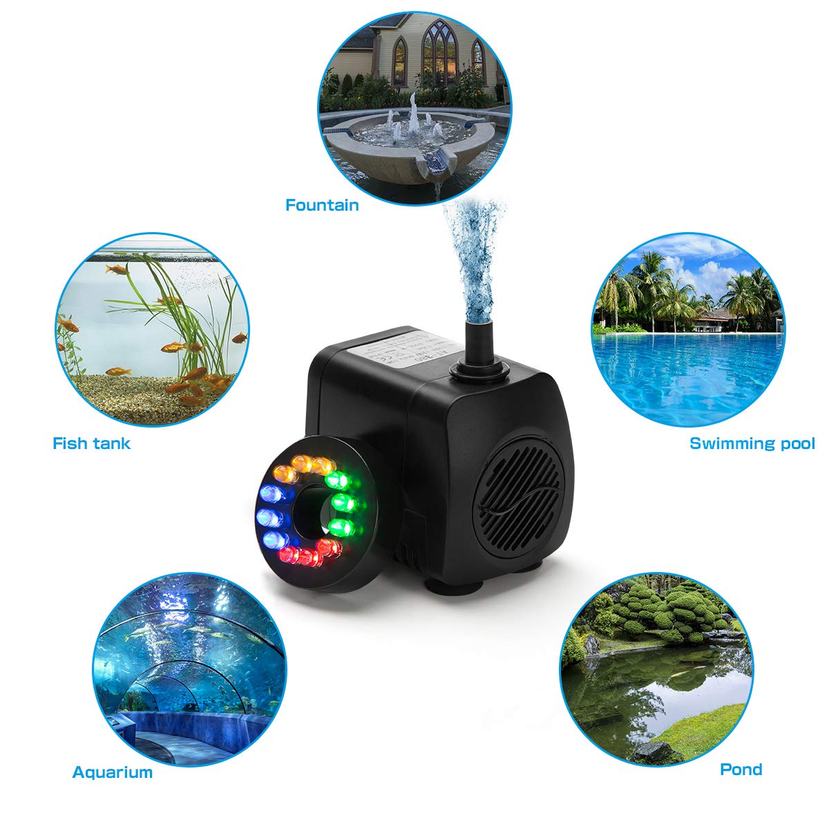 Submersible Water Pump 12 LED lights 550L/H 15W Aquarium Fish Tank Pond Fountain