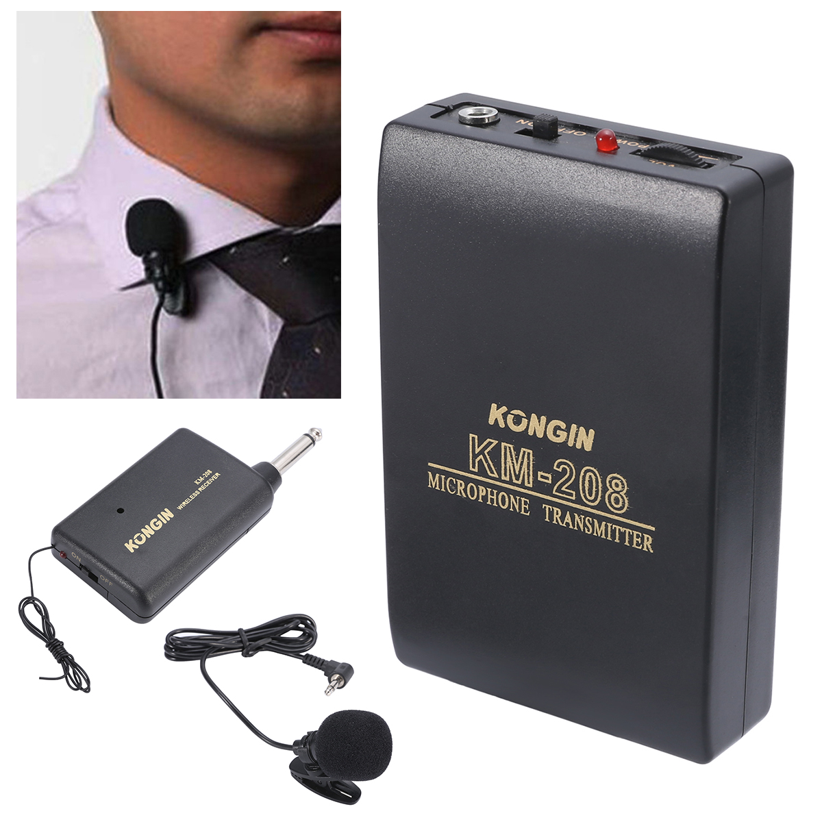 Wireless FM Transmitter Receiver KM-208 Lapel Clip On Microphone Mic System Set for Wedding Meeting